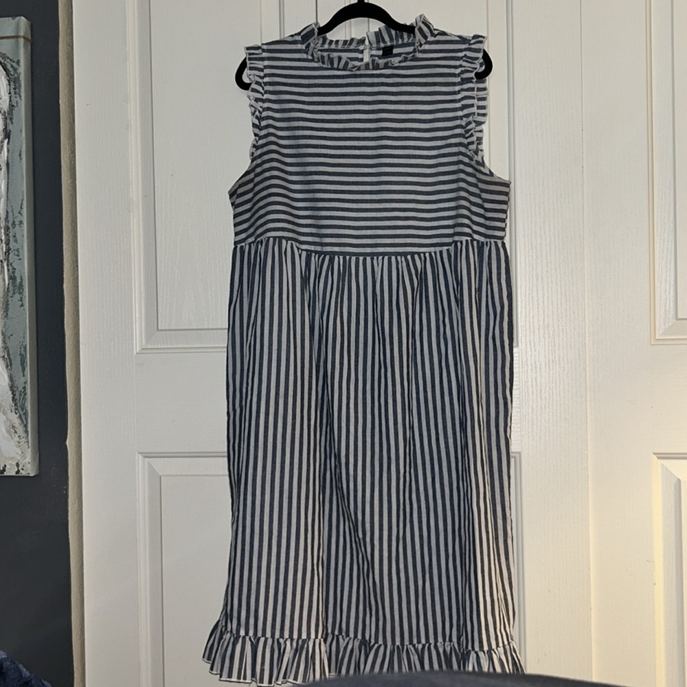 Striped Denim Blue and White Dress 2x, ruffled neck and hem, cotton.